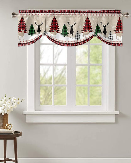 Farmhouse Christmas Blackout Tie Up Valance Curtains for Kitchen Windows Rustic Plaid Christmas Tree Snowflakes Window Toppers Balloon Shades for Living Room/Bathroom/Bedroom,42" X 12" Red Green Black