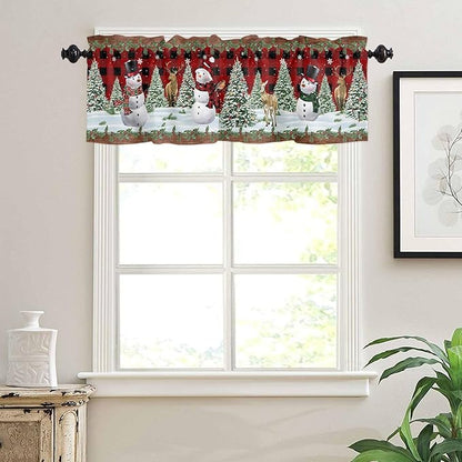 Christmas Snowman Valance Kitchen Curtains for Windows, Christmas Tree Rod Pocket Valances Window Treatments Red Xmas Snowy Winter Short Curtains For Bedroom/ Living Room, 54" X 18" -1 Panel