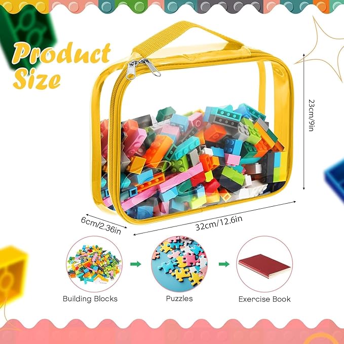 Sanwuta 3 Packs Toy Storage Bags with Zipper, Clear PVC Organizing Bags, Waterproof Toy Bags for Board Games, Building Blocks, Toys and Kids Books (Blue, Yellow, Green,12.6 x 9 x 2.36 Inch)