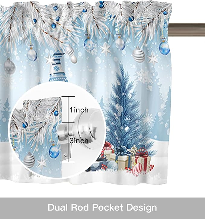 Christmas Gnome Valance Curtains for Kitchen Windows Winter Merry Christmas Tree Balls Rod Pocket Window Treatment Toppers for Kitchen/Living Room/Bedroom/Bathroom, 42" X 18", Blue