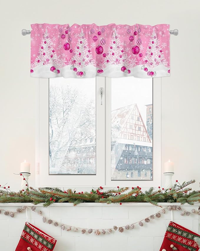 Pink Christmas Valance Curtains for Kitchen Windows White Xmas Tree Snowflakes Pink Balls Rod Pocket Window Treatment Toppers for Kitchen/Living Room/Bedroom/Bathroom, 60" X 18", Winter