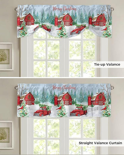 Red Truck Christmas Blackout Tie Up Valance Curtains for Kitchen Windows Merry Christmas Farmhouse Window Toppers Balloon Shades for Living Room/Bathroom/Bedroom,1 Panel, 42" X 12", Winter Xmas Tree