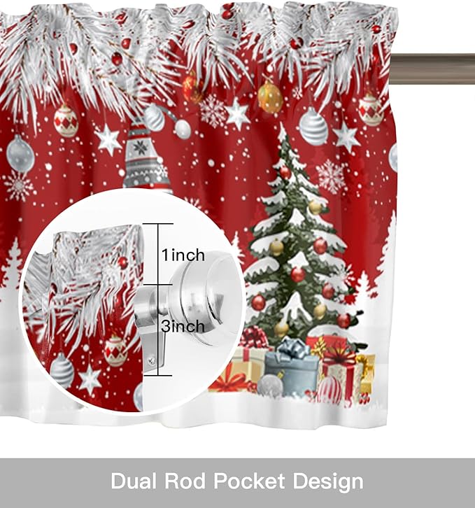Christmas Gnome Valance Curtains for Kitchen Windows Winter Merry Christmas Tree Balls Rod Pocket Window Treatment Toppers for Kitchen/Living Room/Bedroom/Bathroom, 42" X 18", Red