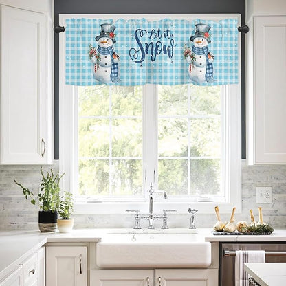 Snowman Christmas Kitchen Curtains and Valances Set, Let It Snow Winter Holiday Windows Treatments Tiers Short Curtains for Small Windows Cafe /Living Room/ Bedroom 54x24 in Blue White Buffalo Plaid