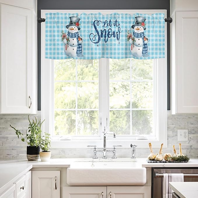 Snowman Christmas Kitchen Curtains and Valances Set, Let It Snow Winter Holiday Windows Treatments Tiers Short Curtains for Small Windows Cafe /Living Room/ Bedroom 54x36 in Blue White Buffalo Plaid