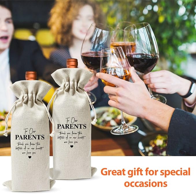 Wine Gift Bag For Our Parents, Wedding Or Engagement Party Decorations, Drawstring Burlap Wine Bottle Bags, Gift for Parents, Thank You Our Parents