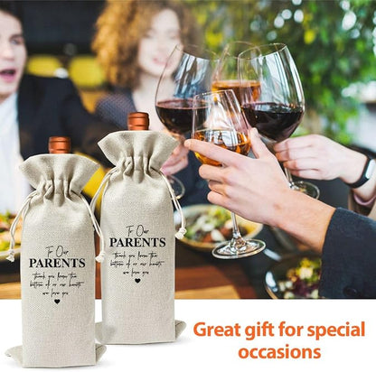 Wine Gift Bag For Our Parents, Wedding Or Engagement Party Decorations, Drawstring Burlap Wine Bottle Bags, Gift for Parents, Thank You Our Parents
