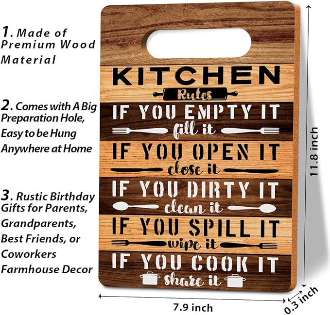Kitchen Rules Cutting Board Gifts, Wood Cutting Boards for Kitchen, House Warming Gifts New Home, Kitchen Wall Art, Christmas Birthday Gifts for Women Mom Grandma 8 x 12 Inch