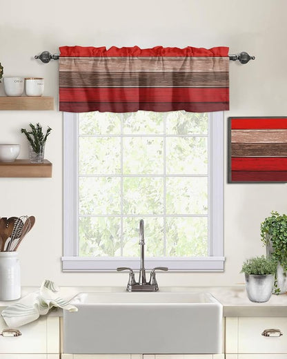Farmhouse Kitchen Curtains Valances for Windows , Christmas Red Brown Rod Pocket Country Window Treatment for Kitchen /Living Room/Bedroom/ Bathroom,54" X 18" -1 Panel, Retro Rustic Barn Wood Texture