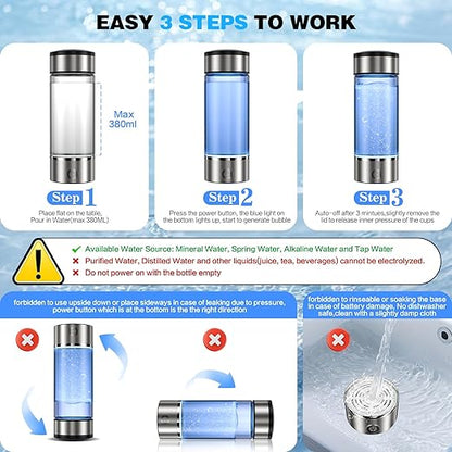 Hydrogen Water Bottle, 14OZ Portable Hydrogen Water Bottle Generator, 3 Min SPE PEM Technology Hydro Infused Water Ionizer, Glass Hydrogen Water Machine, Gift for Home, Office, Travel-Silver