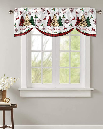 Merry Christmas Blackout Tie Up Valance Curtains for Kitchen Windows Farm Christmas Tree Buffalo Plaid Leopard Window Toppers Balloon Shades for Living Room/Bathroom/Bedroom,42" X 12" Holiday Decor