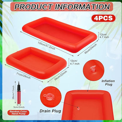 Leitee 4 Pcs Inflatable Ice Serving Bars Buffet Serving Tray Drink Cooler for Pool Party Inflatable Ice Tray Floating Food Drink Containers with Drain Plug and a Hand Pump, 2 Sizes (Red)