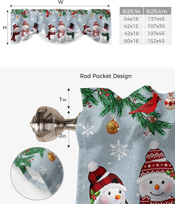 Christmas Blackout Tie Up Valance Curtains for Kitchen Windows Snowman Cardinal Window Toppers Balloon Shades for Living Room/Bathroom/Bedroom,1 Panel,42" X 18" Bluish Grey Winter Holiday