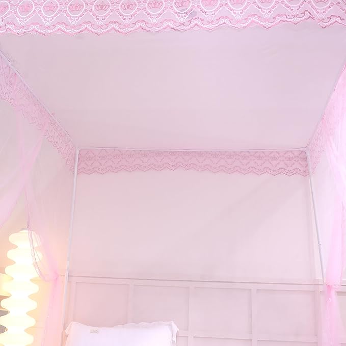 Bed Canopy, Princess Bed Curtain Net for Girls & Adults，Three-Doors Rectangle Lace Dome Netting (Baby Pink, Queen)
