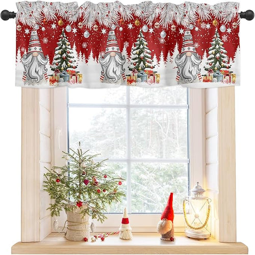 Christmas Gnome Valance Curtains for Kitchen Windows Winter Merry Christmas Tree Balls Rod Pocket Window Treatment Toppers for Kitchen/Living Room/Bedroom/Bathroom, 42" X 18", Red