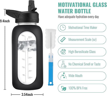 CIVAGO 32 oz Glass Water Bottle with Straw and Handle, Large Sports Motivational Water Bottle Flask with Time Marker and 2 Lids, Leakproof Water Jug Canteen with Silicone Sleeve for Gym, Sequin