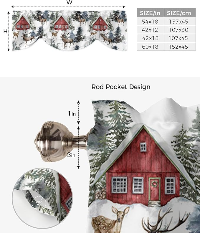 Christmas Blackout Tie Up Valance Curtains for Kitchen Windows Red Farmhouse Barn Window Toppers Balloon Shades for Living Room/Bathroom/Bedroom,1 Panel,54" X 18" Elk