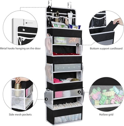 Univivi Over the Door Organizer, Door Hanging Organizer Nursery Door Storage with 4 Large Compartments and 2 Small PVC Pockets 6 Side Pockets for Bathroom,Cosmetics and Nursery Baby Essential - Black