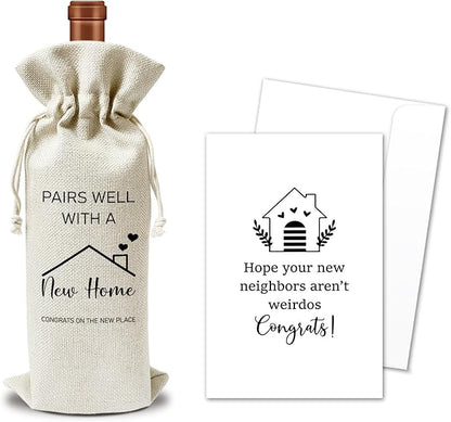 Housewarming Wine Gift Bags & Card, First New Home House Gifts for Women Men Wife Husband Friend Home Owner, 1 pcs Reusable Burlap Wine Gift Bags for Wine Bottles, Housewarming Party Decor Favor -34