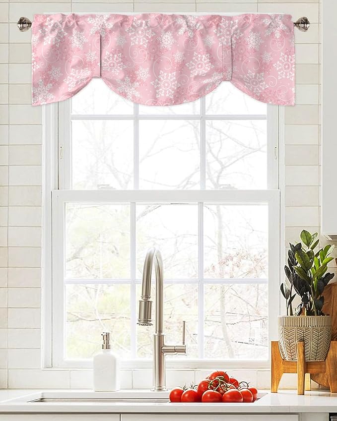 Christmas Blackout Tie Up Valance Curtains for Kitchen Windows Pink White Snowflakes Pattern Window Toppers Balloon Shades for Living Room/Bathroom/Bedroom,1 Panel, 60" X 18", Winter