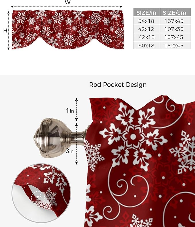 Christmas Blackout Tie Up Valance Curtains for Kitchen Windows Red White Snowflakes Pattern Window Toppers Balloon Shades for Living Room/Bathroom/Bedroom,1 Panel, 54" X 18", Winter