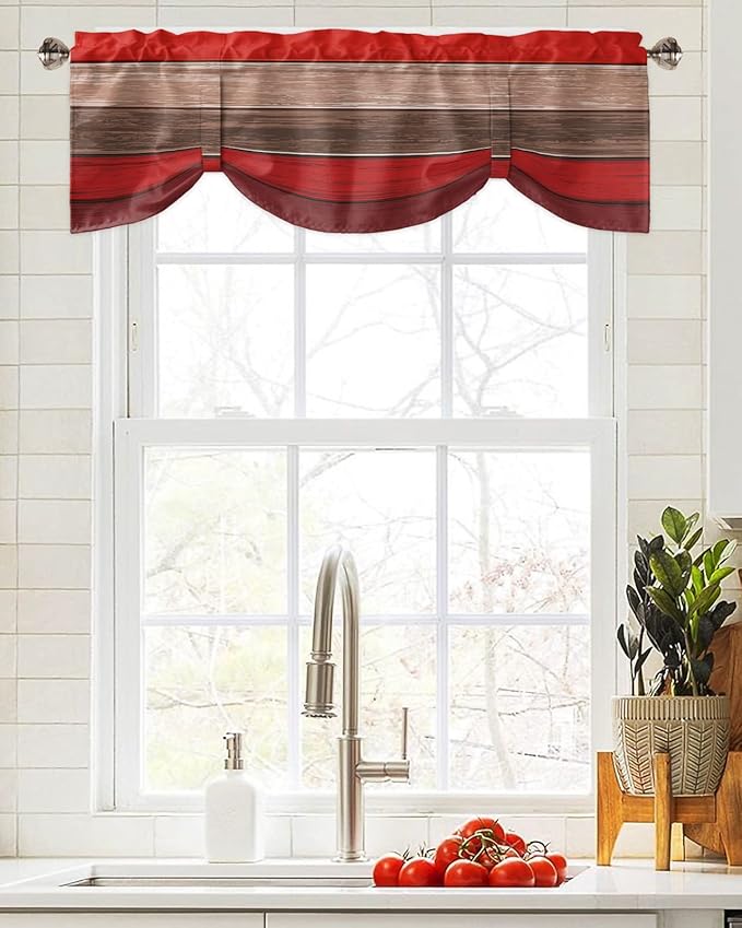 Farmhouse Blackout Tie Up Valance Curtains for Kitchen Windows, Christmas Red Brown Window Toppers Balloon Shades for Living Room/Bathroom/Bedroom,1 Panel,42" X 18" Retro Rustic Barn Wood Texture