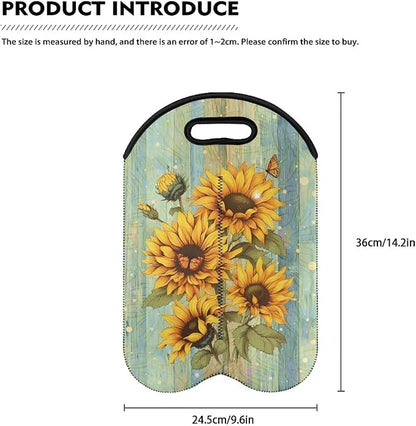doginthehole Wood Sunflower Champagne Carrier Bag 2 Bottle Insulated Wine Tote Cooler Bag with Handle Neoprene Wine/Water Bottle Holder for Travel