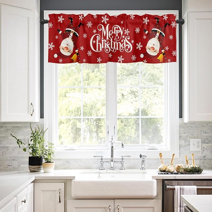 Red Merry Christmas Kitchen Curtains and Valances Set, Funny Hanging Santa Windows Treatments Tiers Half/Short Curtains for Small Windows Cafe /Living Room/ Bedroom 54x36 in Snow Winter Holiday