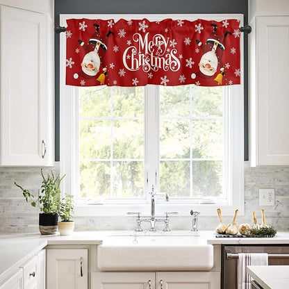 Red Merry Christmas Valance Curtains for Kitchen Windows Funny Hanging Santa Rod Pocket Window Treatment Toppers for Kitchen/Living Room/Bedroom/Bathroom, 54" X 18", Snow Winter Holiday