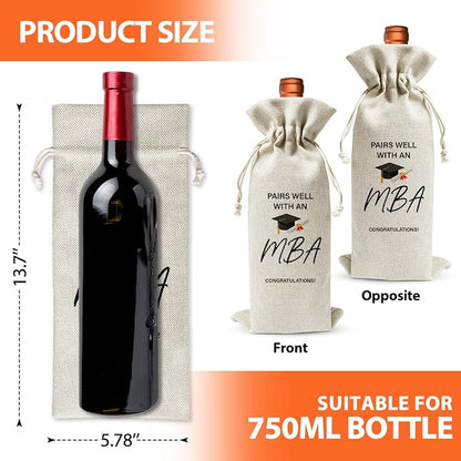 MBA Graduation Gift Wine Bag, Pairs Well With An MBA, Graduation Party Decoration For Master Bachelor Of Management Administration, Thank You Gift Bag For Women, Cotton Linen Burlap Wine Bag