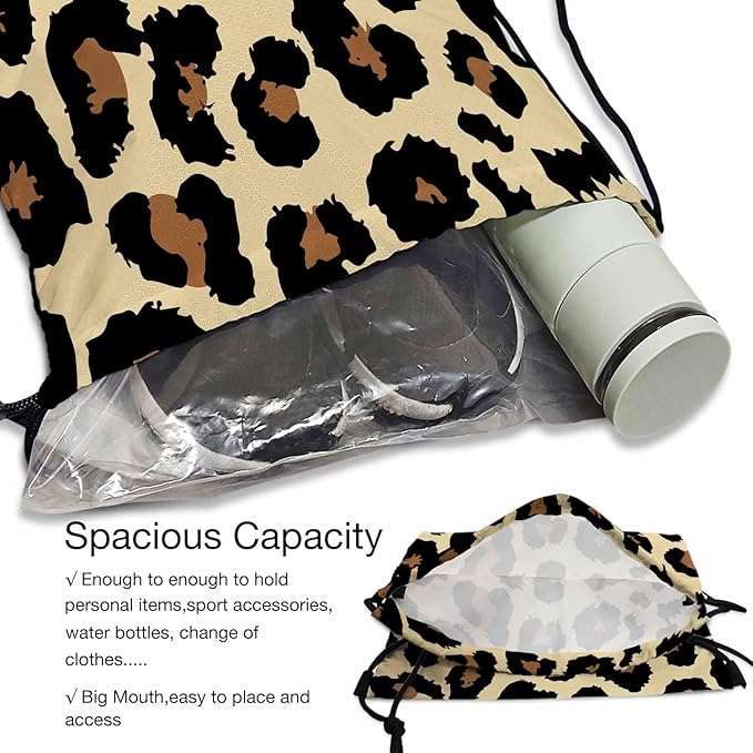 Seamless Leopard Print Draw String Back Bag Leopard Spots Brown Black Fashion Pattern Gym Backpack Basketball Bag Backpack 14x16.9 Inch