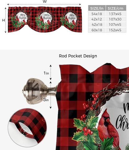 Merry Christmas Blackout Tie Up Valance Curtains for Kitchen Windows Winter Cardinal Holly Berries Window Toppers Balloon Shades for Living Room/Bathroom/Bedroom,1 Panel,42" X 12" Red Black Plaid