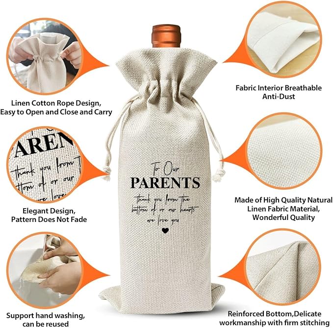 Wine Gift Bag For Our Parents, Wedding Or Engagement Party Decorations, Drawstring Burlap Wine Bottle Bags, Gift for Parents, Thank You Our Parents