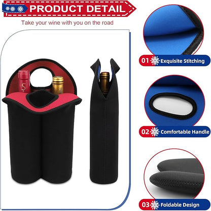 Desing Wish 2-Bottle Set Wine Carrier Tote Bag for 750ml Red/White Wine Bottles, Insulated Neoprene Wine Cooler Bag Wine Gift Bags for Gift/Picnic/Party/Beach/Christmas - Red