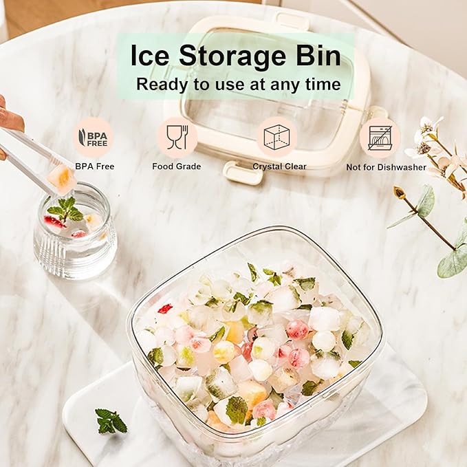 Portable Ice Bucket for Freezer with Lid & Ice Tong for Outdoor Camping, Plastic Clear Refrigerator Ice Cube Storage Bin for Whiskey Wine Cocktail Party, Big Ice Cube Mold Tray for Ice Bath