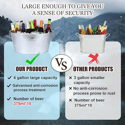 Ice Bucket, Oval Beverage Tub, Galvanized Bucket and drink Cooler for Parties, Ice Tub with Handles for Beer Sparkling Whisky Wine Cocktails (3.5gal) (Galvanized)