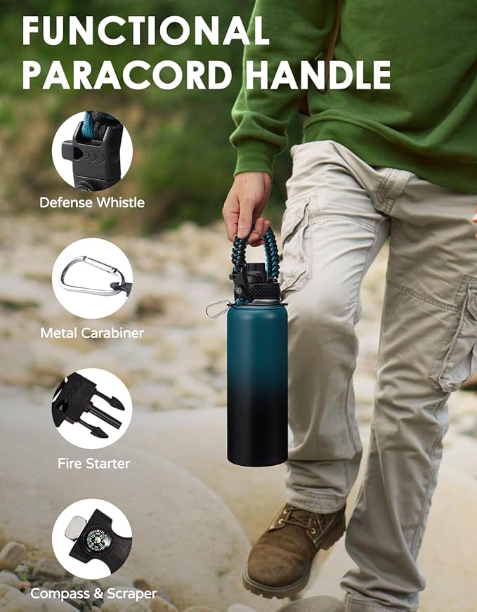 40 64 OZ Insulated Water Bottles with Straw - Keep Cold-48H Hot-24H, Metal Flask Reusable Water Bottle 40oz, Vacuum Thermal Mug with Strap Pouch & Paracord Handle for Sports Hiking Cycling Running