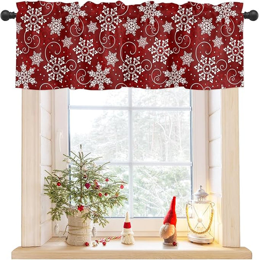 Christmas Valance Curtains for Kitchen Windows Red White Snowflakes Pattern Rod Pocket Window Treatment Toppers for Kitchen/Living Room/Bedroom/Bathroom, 42" X 12", Winter