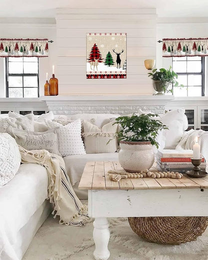 Farmhouse Christmas Kitchen Curtains Valances for Windows Rustic Plaid Christmas Tree Snowflakes Rod Pocket Short Curtain for Kitchen /Living Room/Bedroom/ Bathroom,42" X 12" -1 Panel, Red Green Black