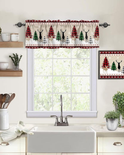 Farmhouse Christmas Kitchen Curtains Valances for Windows Rustic Plaid Christmas Tree Snowflakes Rod Pocket Short Curtain for Kitchen /Living Room/Bedroom/ Bathroom,42" X 12" -1 Panel, Red Green Black