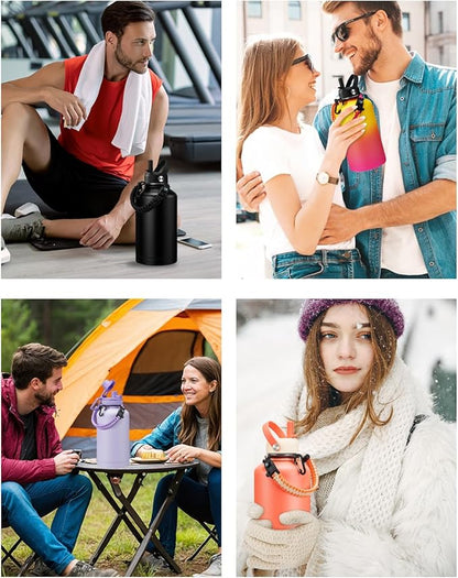 64 OZ Water Bottle Half-gallon Hydro Jug - w/Paracord Handle, Straw & Spout Lid, Carrying Pouch, 64oz Insulated Water Bottle Stainless Steel, Sports Flask Jug Triple-wall, Thermal Mug Hydro Canteen