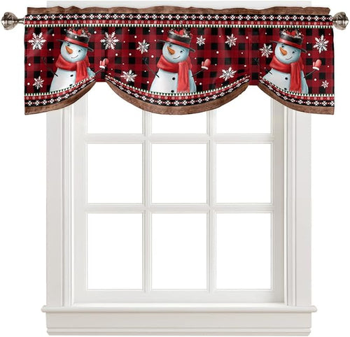 Christmas Blackout Tie Up Valance Curtains for Kitchen Windows Funny Snowman Snowflake Window Toppers Balloon Shades for Living Room/Bathroom/Bedroom,1 Panel,42" X 18" Red Farmhouse