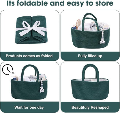 Baby Diaper Caddy Organizer for Girl Boy Rope Nursery Storage Bin Basket Portable Holder Tote Bag for Changing Table Car Travel Baby Shower Gifts Newborn Essentials Registry Must Have Items Dark Green