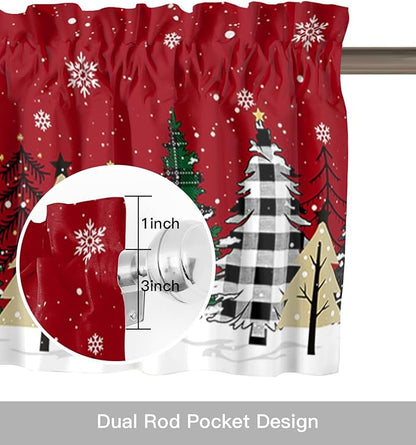 Red Merry Christmas Valance Curtains for Kitchen Windows Green Christmas Tree Rod Pocket Window Treatment Toppers for Kitchen/Living Room/Bedroom/Bathroom, 54" X 18", White Snow Forest Winter