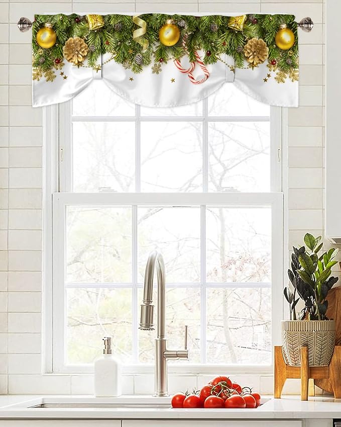 Christmas Blackout Tie Up Valance Curtains for Kitchen Windows Pine Cones Window Toppers Balloon Shades for Living Room/Bathroom/Bedroom,1 Panel,42" X 12" Golden Ornament Balls