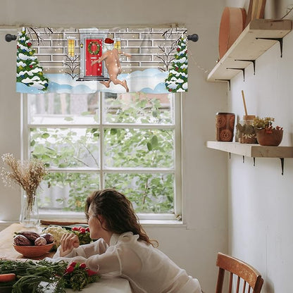 Christmas Farmhouse Kitchen Curtains Valances for Windows Funny Santa Claus Rod Pocket Window Treatment for Kitchen/Living Room/Bedroom/Bathroom,60" X 18" -1 Panel, Holly Xmas Tree