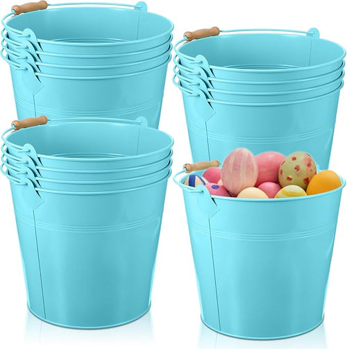 12 Pcs Large Galvanized Metal Buckets with Handle 10 Inch Heavy Duty Stainless Steel Pails Round Pail for Party Wedding, Crafts, Utensils, Table Centerpieces (Light Blue)