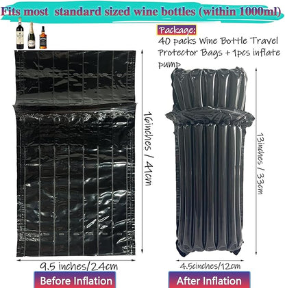 Wine Travel Protector Black Inflatable Wine Shipping Sleeves 40 Packs Reusable Bottle Protector for Luggage with Inflator Pump