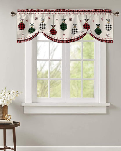 Christmas Blackout Tie Up Valance Curtains for Kitchen Windows Vintage Buffalo Plaid Christmas Balls Window Toppers Balloon Shades for Living Room/Bathroom/Bedroom,1 Panel,54" X 18" Farmhouse