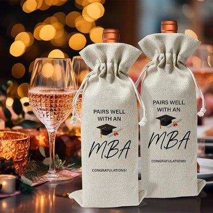 MBA Graduation Gift Wine Bag, Pairs Well With An MBA, Graduation Party Decoration For Master Bachelor Of Management Administration, Thank You Gift Bag For Women, Cotton Linen Burlap Wine Bag